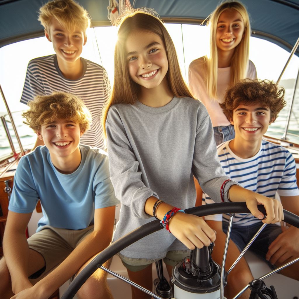 Ragazzi adolescenti che imparano l'inglese in barca a vela